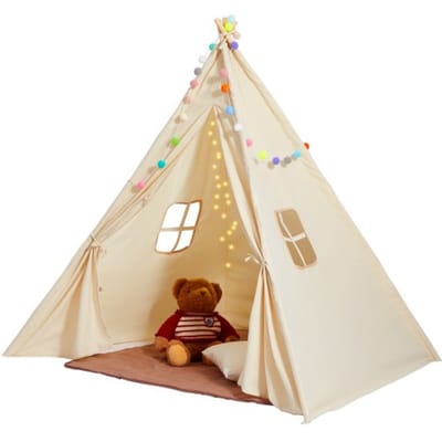 VEVOR Kinderspeeltent, Tipi-tent voor kinderen van 1-5 jaar, Peutertent met mat en decoratieve pluchen ballen, Kindertent met ramen voor binnen- en buitengebruik, Beige