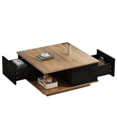 Salontafel Met Lades - Vierkante Koffietafel - Halfopen Vak - Hoogglans Afwerking - 30kg Draagvermogen - Kleine Woonkamer - 70x70x31,5cm - Zwart Hout