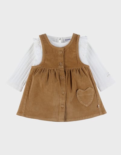 Noukie's Meisjes Set Kleedje bruin + T-shirt rib wit - Maat 86