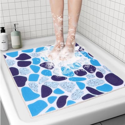 Vierkante douchemat 70 x 70 cm antislip badmat zachte PVC luffa badmat extra grote sneldrogende badkamer douchemat, 70 x 70 cm, blauw