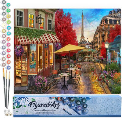 Figured'Art Schilderen op Nummer Volwassenen canvas Romantisch uitzicht in Parijs - Handwerk acrylverf Kit DIY Compleet - 40x50cm zonder frame
