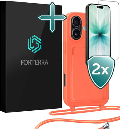 Hoesje Geschikt voor iPhone 17 Pashouder Case Siliconen Hoes Met Koord Met 2x Screenprotector - Hoes Geschikt voor iPhone 17 Met Telefoonkoord Hoesje Back Cover Met Pasjeshouder - Papaya
