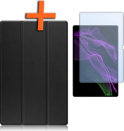 Hoesje - Geschikt voor Samsung Galaxy Tab S9 Ultra - Met Screenprotector - Trifold Bookcase - Hard Cover Case - Met Uitsparing Geschikt voor S Pen - Hardcover Book - Tablet Hoes - Zwart
