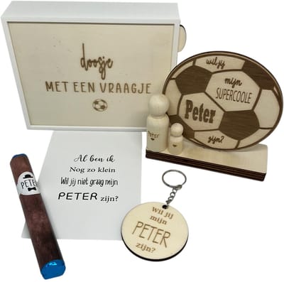 Geschenkbox Wil jij mijn PETER zijn? | blauw | voetbal | sleutelhanger | peter vragen | meter worden | peetoom vragen | peetoom worden | cadeau | doosje met een vraag