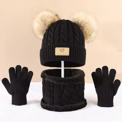 3-delige Winterset Peuter – Warme Gebreide Muts met Pompon, Infinity Sjaal en Handschoenen | Winteraccessoires voor Kinderen 1-4 Jaar, Jongens en Meisjes