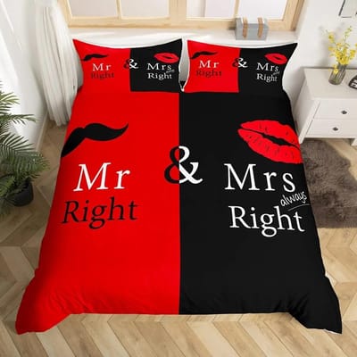 Meneer Mevrouw Dekbedovertrek Set Grappig Zwart Rood Creatief Eenpersoons Beddengoed Set Microfiber Liefde Man Snor Vrouw Lip Romantiek Dekbedovertrek EU Single 135x200cm