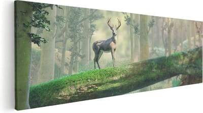 Artaza Canvas Schilderij Hert In Bos - 60x20 cm - Wanddecoratie Hertenkop - Muurdecoratie Boom - Kamer Accessoires Woonkamer