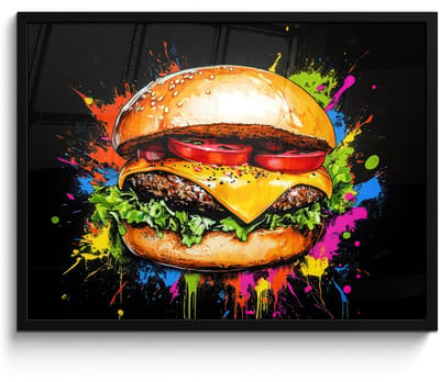 Poster in lijst - Fotolijst 70x50 cm - Posters - Hamburger - Graffiti - Verf - Kleurrijk - Eten - Abstract - Posterlijst zwart - Decoratie - Wanddecoratie woonkamer - Muurdecoratie slaapkamer