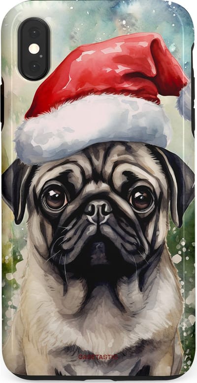 Casetastic hoesje geschikt voor Apple iPhone XS Max - Dubbellaagse bescherming - Aquarel Kerstmis Pug Hond - Fashion Case - Grijs Taupe Donkergrijs Saliegroen
