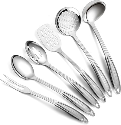 Roestvrijstalen keukengerei set 6 stuks, kookgerei, keukengadgets Essentials zijn onder andere metalen spatelset, skimmer, pollepel, opscheplepel, schuimspaan, vleesvork