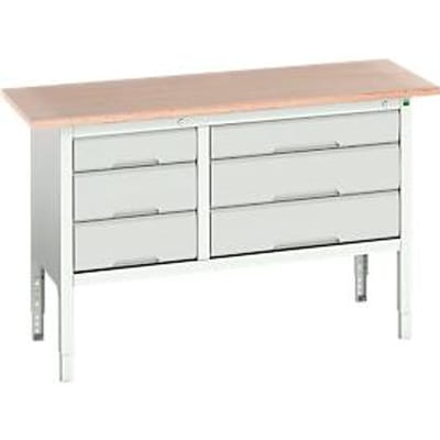 Bott verso box-type werkbank, met multiplex blad, 6 laden, B 1500 x D 600 x H 830 - 930 mm, lichtgrijs RAL 7035