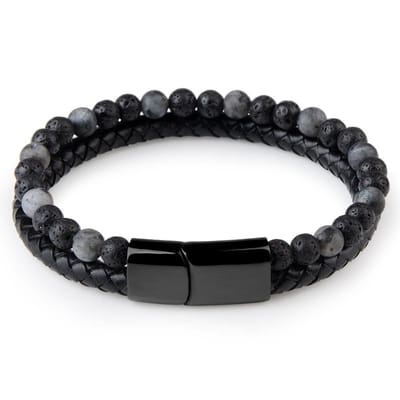 Victorious Leren Natuurstenen Armband Heren – Zwart Leer en Lavasteen Natuurstenen – Zwart/Grijs – 22cm