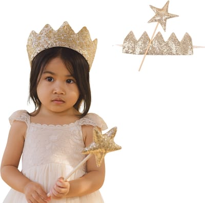 Joya Kids® Luxe Verkleed Glitter Kroon en Staf Accessoires Goud | Paillet Verkleedset Kroontje | Prinses Set met Fluweel | Unicorn Prinsessen | Meisje Verkleedset | Carnvalskleding Meisjes | Luxe Uitgave Goud