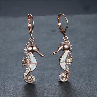 Schattige Vrouwelijke Zeepaardje Hoop Oorbel Witte Blauwe Opaalsteen Dierensieraden Roségoud Kleur Trouwoorbellen Voor Vrouwen gray