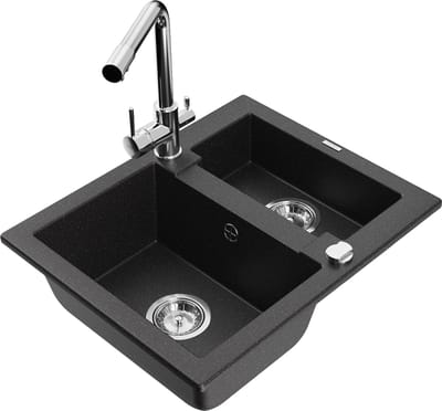 Mexen Carlos granieten gootsteen 1,5-bak met keukenkraan Duero, zwart/zilveren metallic - 6518-73-671600-00