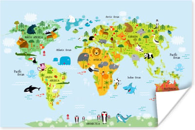 Poster kinderen - Wereldkaart - Kinderen - Dieren - Natuur - Jongens - Meisjes - Poster slaapkamer - Schilderij voor kinderen - 30x20 cm - Kinderkamer decoratie
