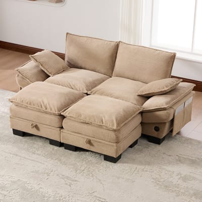 MODENUIT 2-Zitsbank 190 x 132 cm - Met 2 Hockers, USB-C En Zijvakken - Voor Woonkamer En Kantoor - Corduroy Khaki