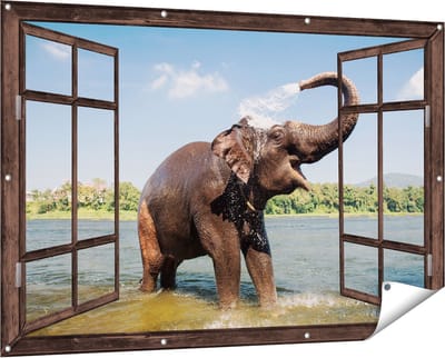 Gards Tuinposter Doorkijk Vrolijke Olifant in het Water - 150x100 cm - Tuindoek - Tuindecoratie - Wanddecoratie buiten - Tuinschilderij