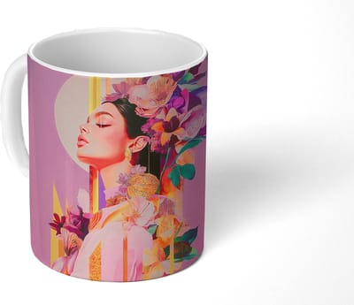 Mok - Koffiemok - Vrouw - Bloemen - Paars - Abstract - Mokken - 350 ML - Beker - Koffiemokken - Theemok