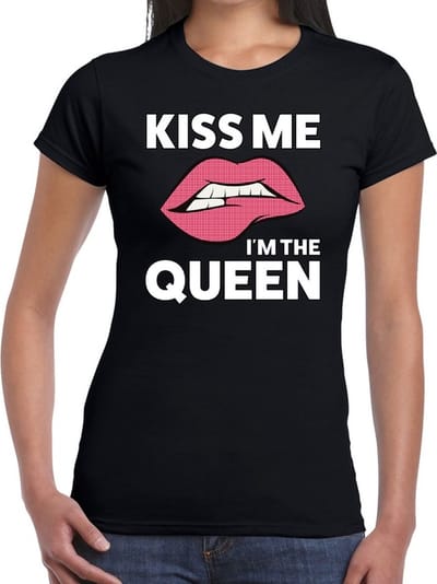 Kiss me i am the Queen t-shirt zwart dames - feest shirts dames XS