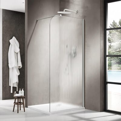 FugaFlow Eccelente Vetro Inloopdouche - 100x200cm - afgeronde glaswand - rechts - ribbel glas - wandarm - mat wit
