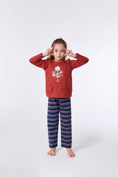 Woody pyjama meisjes/dames - rood - highlander koe - kip - 212-1-PLG-S/461 - maat 140