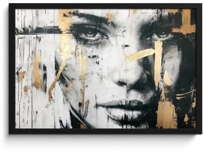 Poster in lijst - Fotolijst 60x40 cm - Posters - Portret - Vrouw - Penseelstreken - Goud - Posterlijst zwart - Decoratie - Wanddecoratie woonkamer - Muurdecoratie slaapkamer
