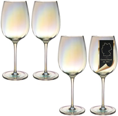 Intirilife 4x Wijnglas met Regenboog Glinstering en Golvende Vorm - 440 ml Inhoud - Witte wijn Rode wijn Kelk Vaatwasmachinebestendig Schokbestendig Kristalglas