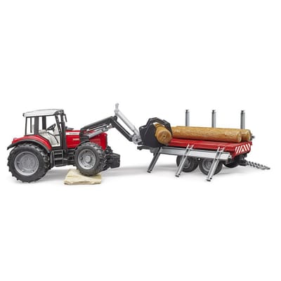 Bruder 2046 Massey Ferguson 7480 tractor met voorlader en houttransport trailer