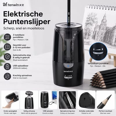 Elektrische Puntenslijper USB Oplaadbaar – Voor 6-12 mm Potloden – Automatische Stop – Verstelbare Punt – Geschikt voor Kleurpotloden & Houtskool – Zwart