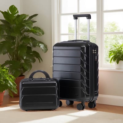 MIVRAY Reiskofferset – 2 Delig Met Kosmetische Tas – 35,5 x 20,5 x 55 cm – ABS – Zwart – Weekend En Korte Reizen – 360 Graden Zwenkwielen