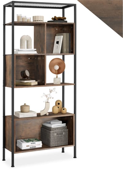 tectake® Wandrek wandkast met 5 Niveaus - 75 x 31 x 170,5 cm - Boekenkast met Opbergvakken - voor Woonkamer, Keuken, Kantoor - Zwart Metalen Frame (donkerbruin )