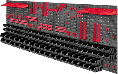 KADAX Gereedschapswandrek, groot, 232 x 78 cm, opslagsysteem van robuust kunststof, uv-bestendig modulesysteem, uitbreidbare wandplaten, werkplaatsrek voor garage (rood, 162 stuks)