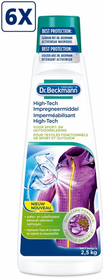 6 x Dr. Beckmann - High Tech Impregneermiddel - Sport & Outdoorkleding - Witte en Gekleurde Was - 2,5 KG