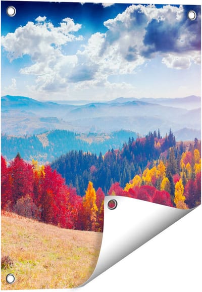Gards Tuinposter Kleurrijke Herfstbos met Heuvellandschap - 40x50 cm - Tuindoek - Tuindecoratie - Wanddecoratie buiten - Tuinschilderij