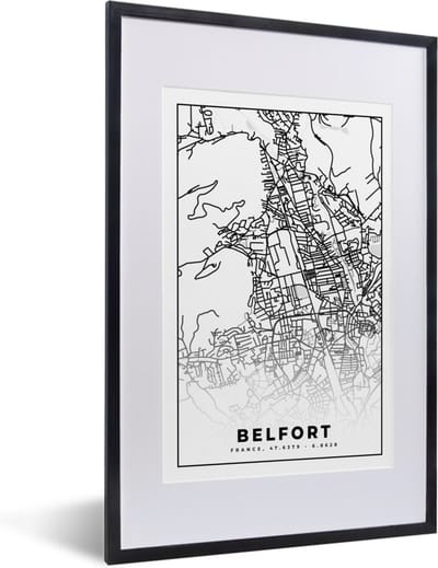 Fotolijst incl. Poster Zwart Wit- Stadskaart - Belfort - Plattegrond - Kaart - Frankrijk - Zwart wit - 40x60 cm - Posterlijst