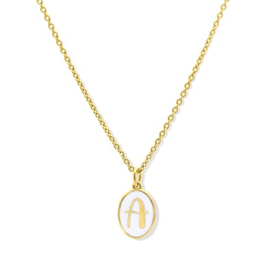 New Bling 9LA-20061-A Zilveren Ketting met Letterhangertje - A - Ovaal - 12x8,8mm - Emaille - Wit - Zilver - Initiaal sieraad - Verguld/Goud op Zilver