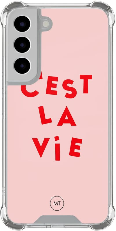 Hoesje (shockproof) geschikt voor Samsung Galaxy S22 - C'est la vie - Extra sterke case - TPU/polycarbonaat - Tekst - Roze, Transparant