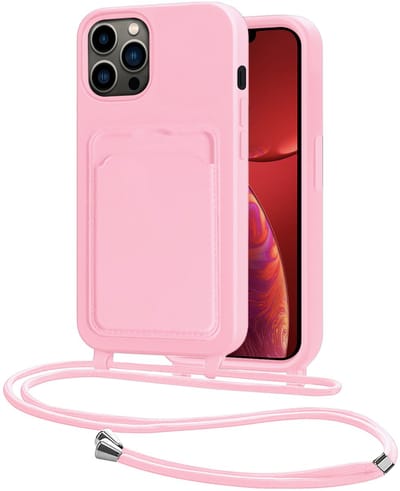 Hoes Geschikt voor iPhone 13 Pro Hoesje Pasjeshouder Cover Met Koord Case Siliconen Hoes Met Telefoonkoord en Kaarthouder - Lichtroze
