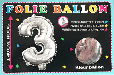 Folieballon - 3 - Cijfer Zilver - 40cm - Folie - Ballon - Zelfsluitend - Eenvoudig Met Mond Opblazen - Ophangoogjes - Touche Cards