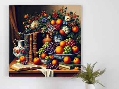 Pixel art stilleven schilderij | Digitale pixels vormen verstilde schoonheid in artistiek stilleven kunstwerk | Kunst - 40x40 centimeter op Dibond | Foto op Dibond