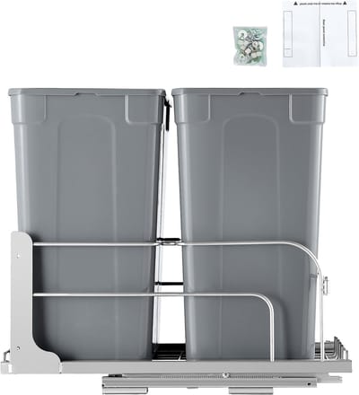 Dubbele uittrekbare afvalbak, 35 QT x2 afval- en recyclingbak voor onder de kast met soft-close geleiders en deurbevestigingsset, ideaal voor keukenkasten en gootstenen (grijs)