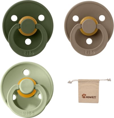 Bibs fopspeen - maat 1 0-6 maanden - 3 stuks – Hunter Green - Sage - Dark Oak + Monkiezz speenzakje