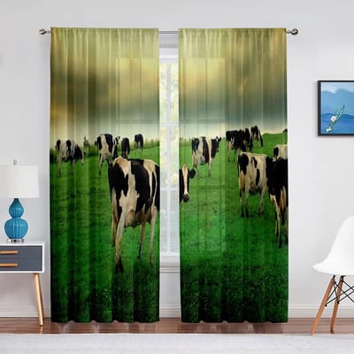 Grappige Boerderijdieren Melkkoe en Melk Transparant Gordijn voor Woonkamer Voile voor Raambekleding Slaapkamer Tule Keukengordijnen Drapes 1 PCS W100XH250cm&Grommet Top