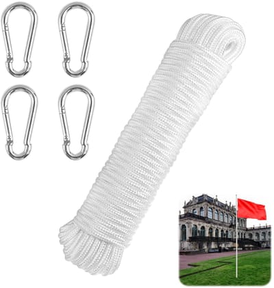 LIVIA HOME- Vlaggentouw 20 m - 6 mm Dik - Gevlochten Nylon - Weerbestendig - Scheurbestendig - Inclusief 4 Haken - Touw