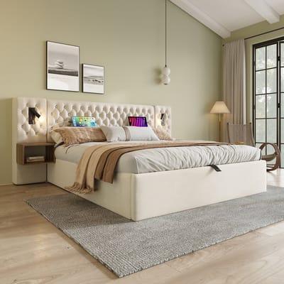 DESMIU Gestoffeerd Bed 180x200 cm - Retro Opbergbed Met Hoofdbord, Leeslamp En Oplaadfunctie - 2 Nachtkasten - Slaapkamer - Fluweel - Beige - Zonder Matras
