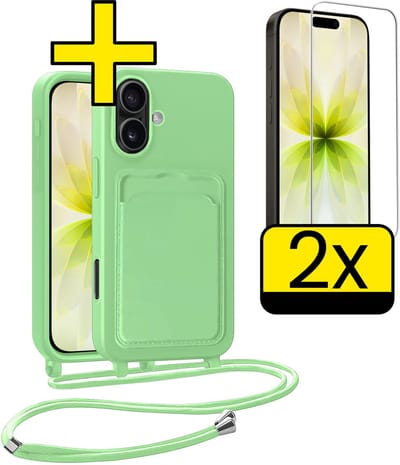 Hoesje Geschikt voor iPhone 17 Telefoonhoesje Met Koord Case Pashouder Met 2x Screenprotector Siliconen - Hoes Geschikt voor iPhone 17 Hoesje Met Kaarthouder - Groen