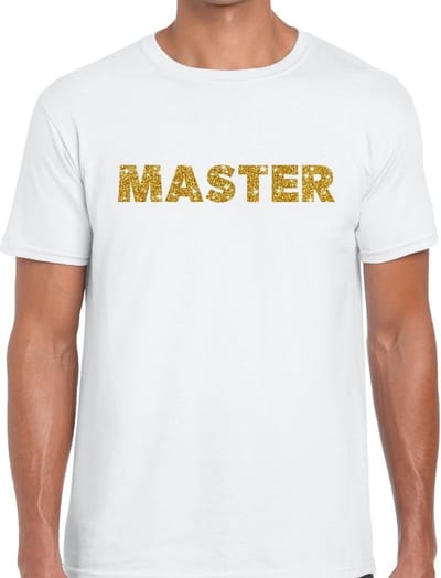 Master goud glitter tekst t-shirt wit voor heren S