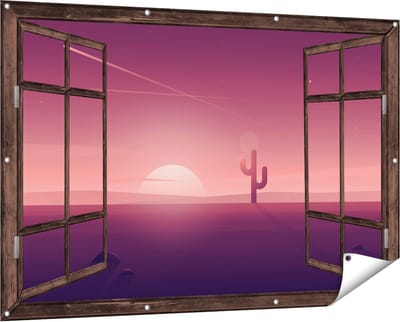 Gards Tuinposter Doorkijk Zonsondergang in de Woestijn met een Cactus - 150x100 cm - Tuindoek - Tuindecoratie - Wanddecoratie buiten - Tuinschilderij