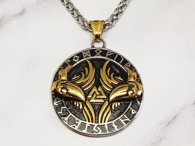 Mei's - Viking Raven Valknut - ketting heren - RVS zilver/goud - 60 cm